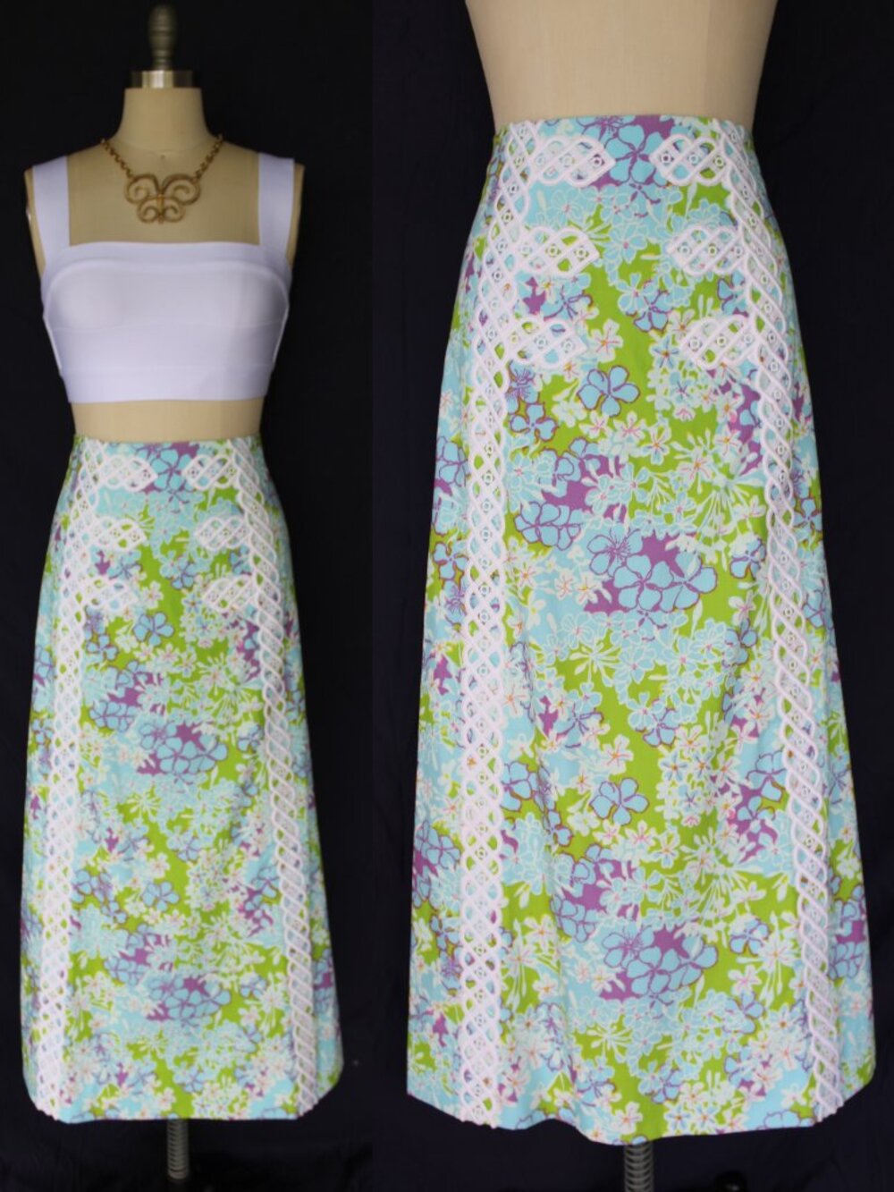 The Lilly Pulitzer vintage maxi crochet lace dress skirt tropical blue green S